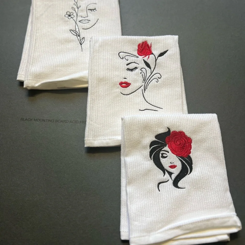 Embroidered Face Towels with Red Rose Design